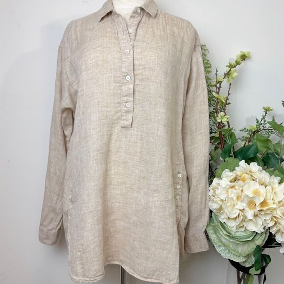 J. McLaughlin | Beige Linen Button Detail Tunic Blouse | Medium - Picture 1 of 12